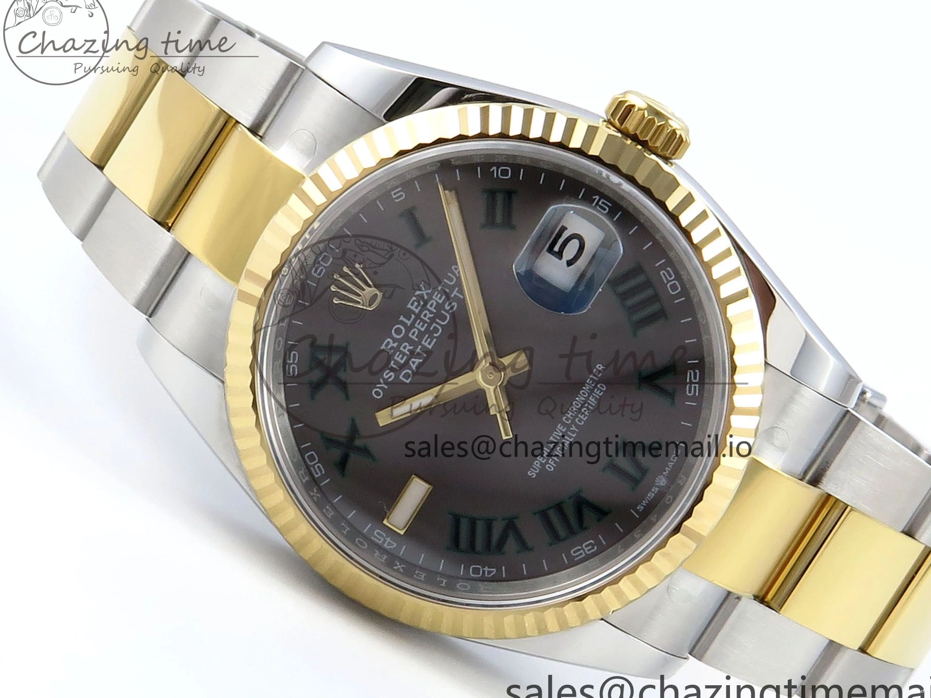 A3235 on Edition 36 126233 YG EWEF Marker Best DateJust Green Gray Bracelet Roman Dial Oyster SS 0212